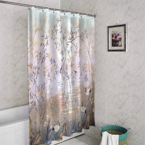 картинка Занавеска для ванной «Журавли на закате» | интернет-магазин фотообоев ARTDECO