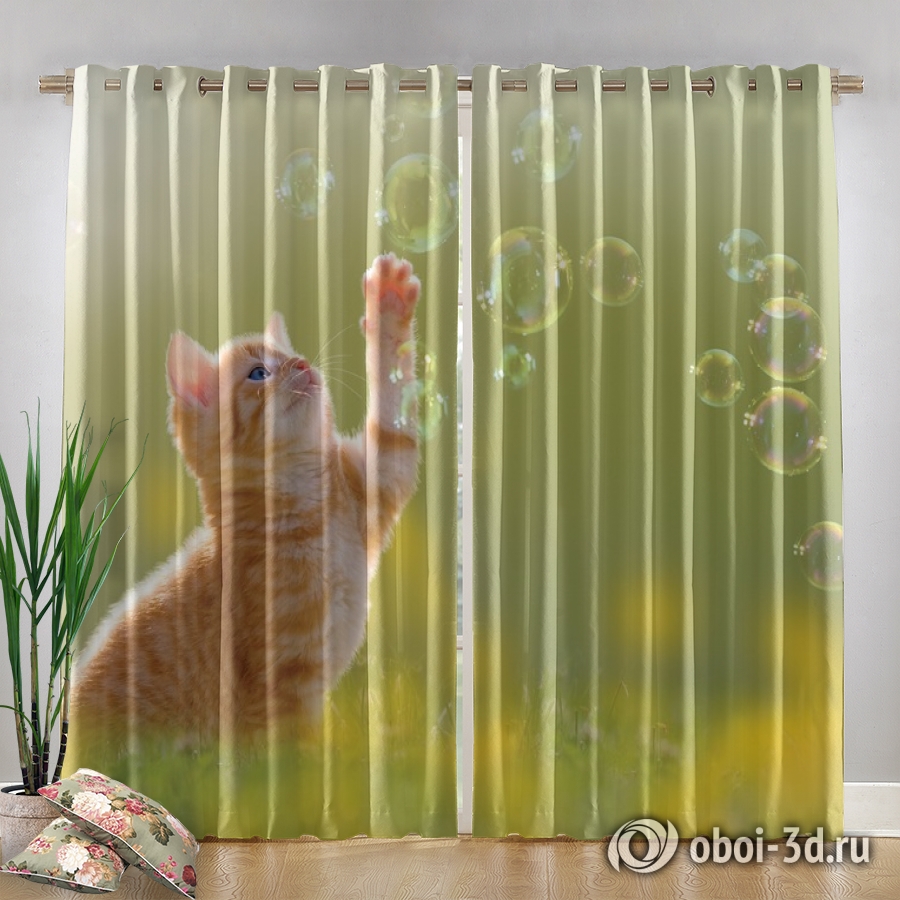 картинка Фотошторы «Рыжий кот с мыльными пузырями» | интернет-магазин фотообоев ARTDECO