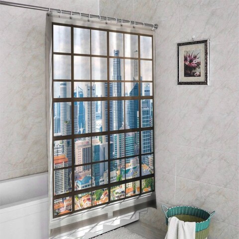 картинка 3D шторка для ванной «Окно в мегаполисе» | интернет-магазин фотообоев ARTDECO