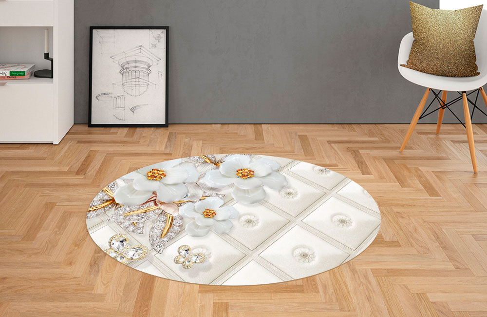 картинка 3D Ковер «Фарфоровые цветы с драгоценными бабочками» | интернет-магазин фотообоев ARTDECO
