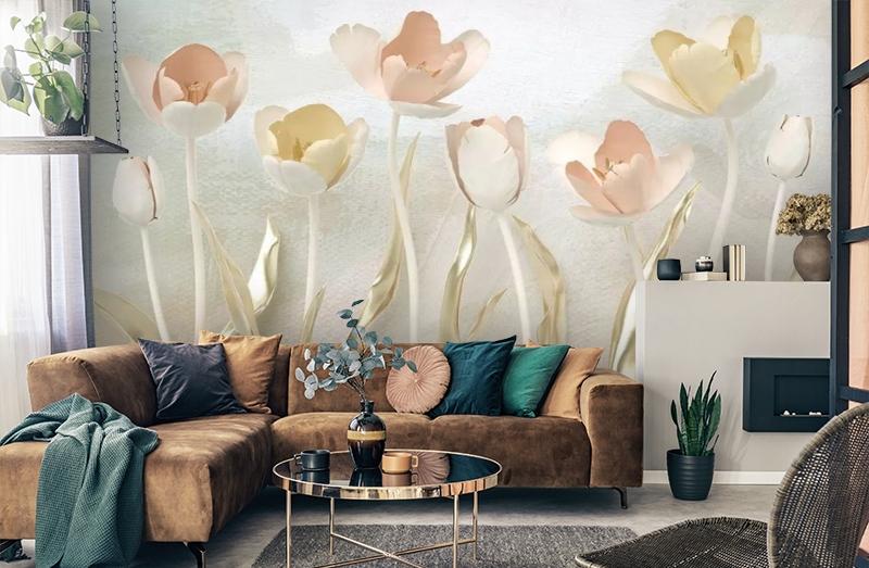 картинка 3D Фотообои "Персиковые тюльпаны с позолотой" | интернет-магазин фотообоев ARTDECO