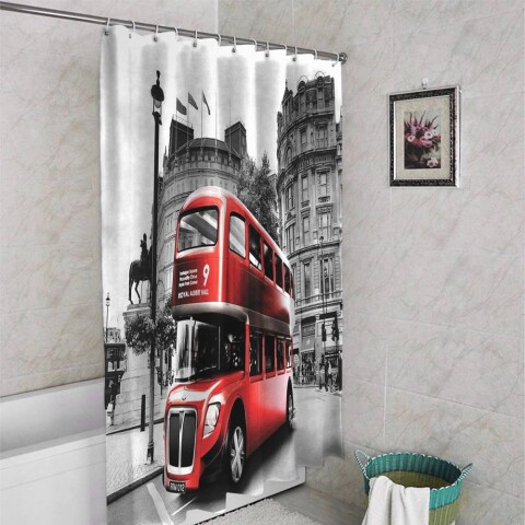 картинка Штора для ванной «Красный автобус» | интернет-магазин фотообоев ARTDECO