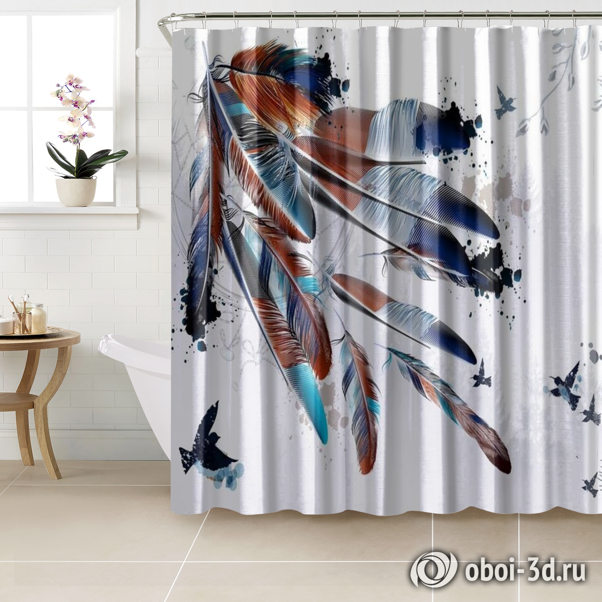 картинка Шторы для ванной «Птицы в перьях на фоне леса» | интернет-магазин фотообоев ARTDECO