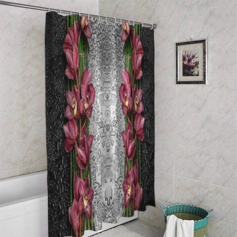 картинка 3D занавеска в ванную комнату «Орхидеи в росе» | интернет-магазин фотообоев ARTDECO