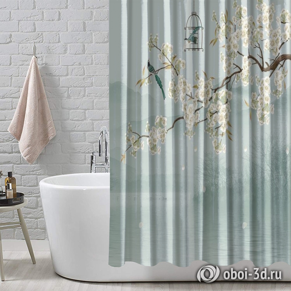 картинка Шторы для ванной «Лодка под цветущими ветвями» | интернет-магазин фотообоев ARTDECO
