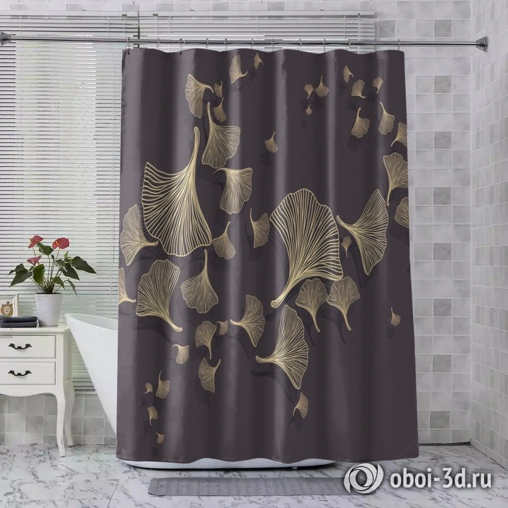 картинка Шторы для ванной «Золотые зонтики на антрацитовом фоне» | интернет-магазин фотообоев ARTDECO