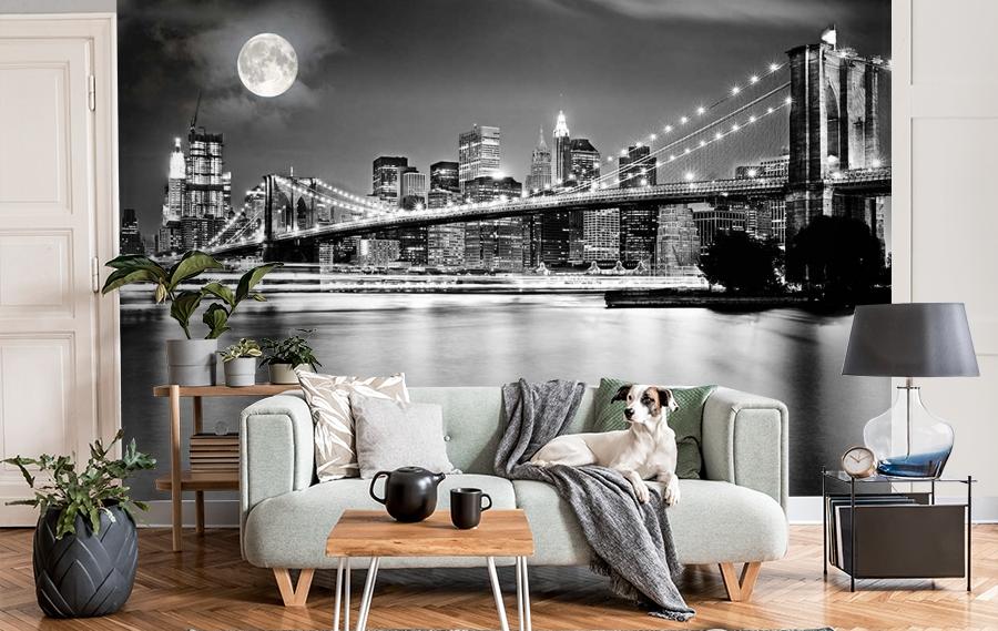 картинка 3D Фотообои «Черно-белая инсталляция с полной луной над Бруклинским мостом» | интернет-магазин фотообоев ARTDECO