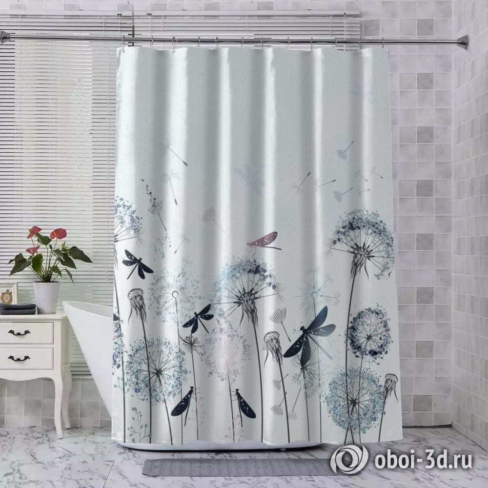 картинка Шторы для ванной «Одуванчики с волшебными стрекозами» | интернет-магазин фотообоев ARTDECO