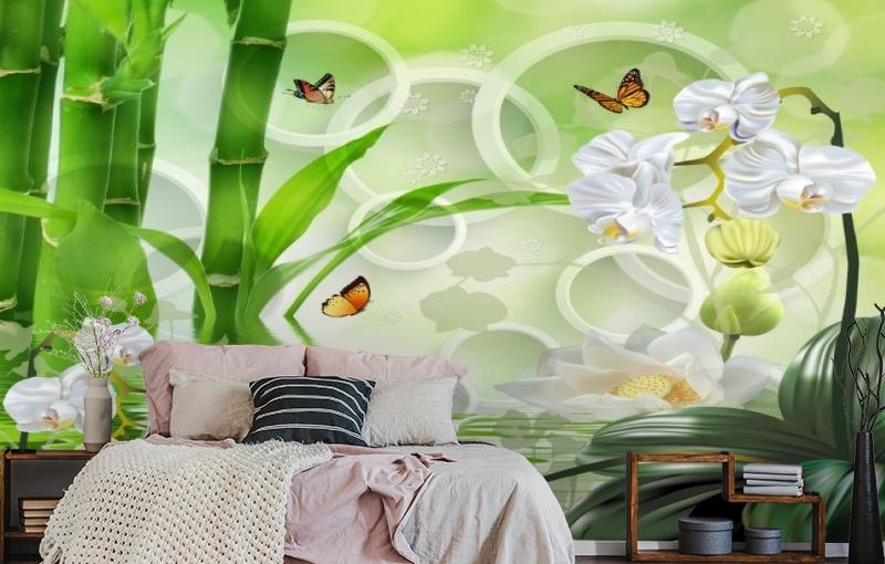 картинка 3D Фотообои «Орхидеи на салатовом фоне в стиле спа» | интернет-магазин фотообоев ARTDECO