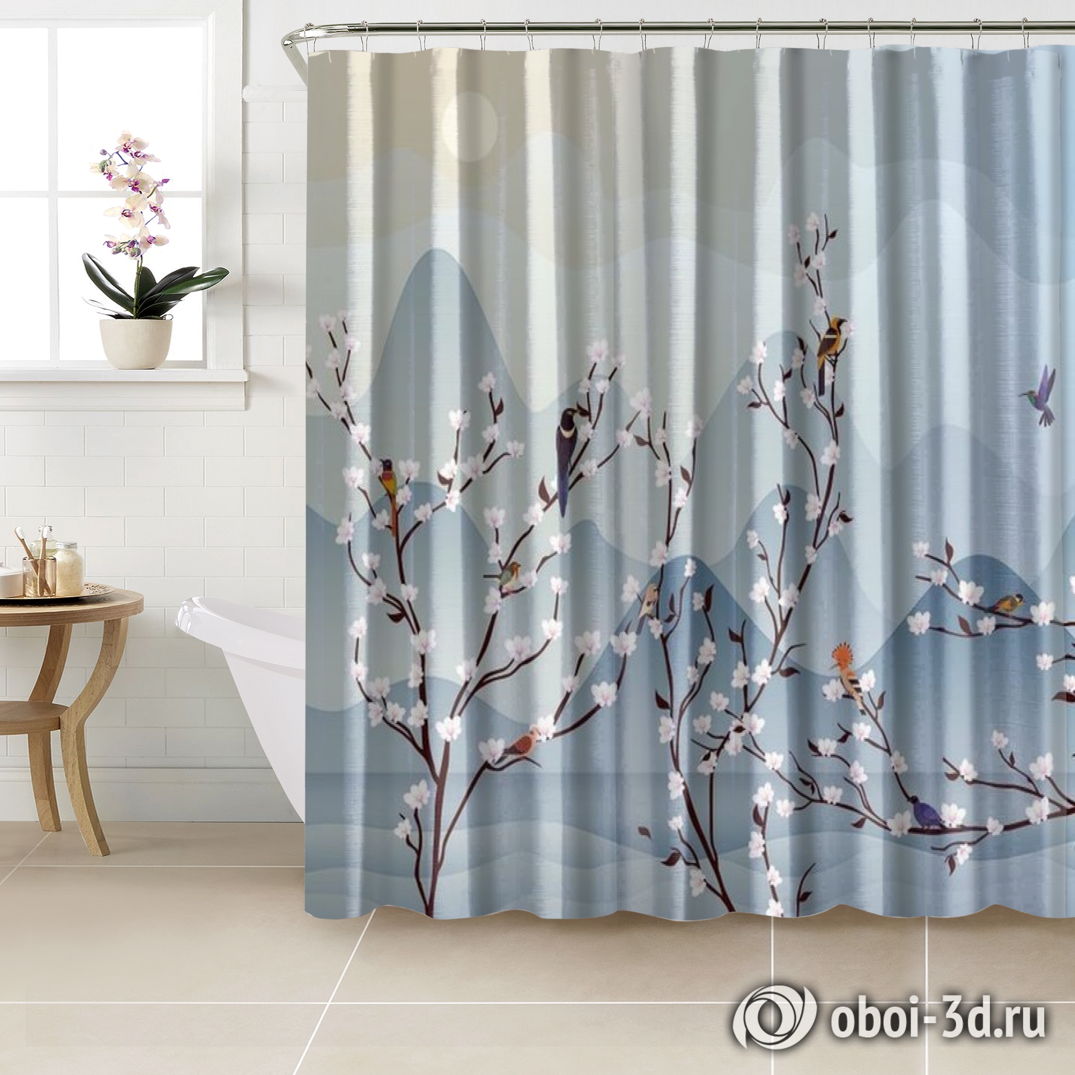 картинка Шторы для ванной «Птичья стайка на цветущих ветвях» | интернет-магазин фотообоев ARTDECO