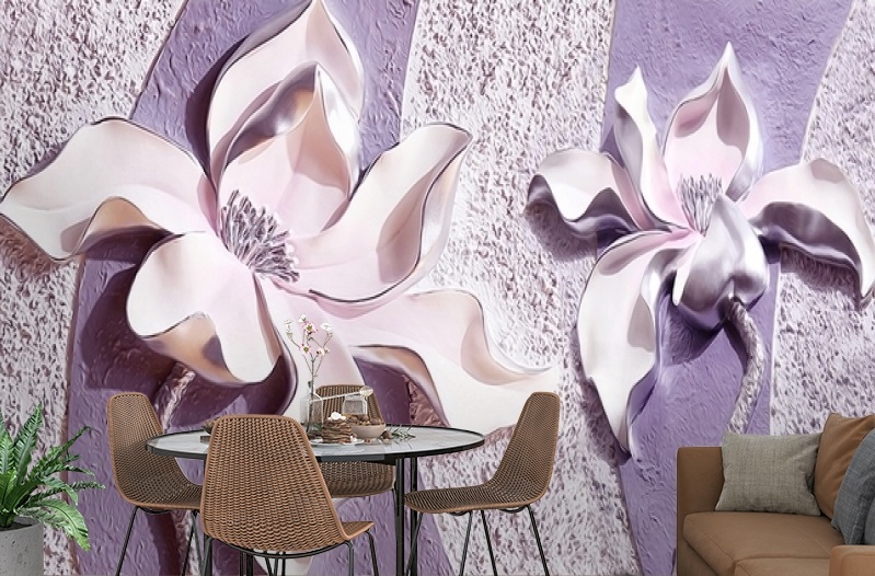 картинка 3D Фотообои «Фиолетовые магнолии на рельефном фоне» | интернет-магазин фотообоев ARTDECO