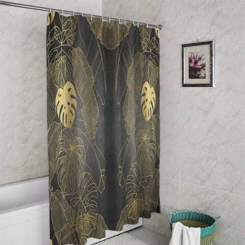картинка 3D штора в ванную «Монстеры в золоте» | интернет-магазин фотообоев ARTDECO