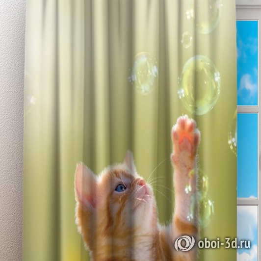картинка Фотошторы «Рыжий кот с мыльными пузырями» | интернет-магазин фотообоев ARTDECO