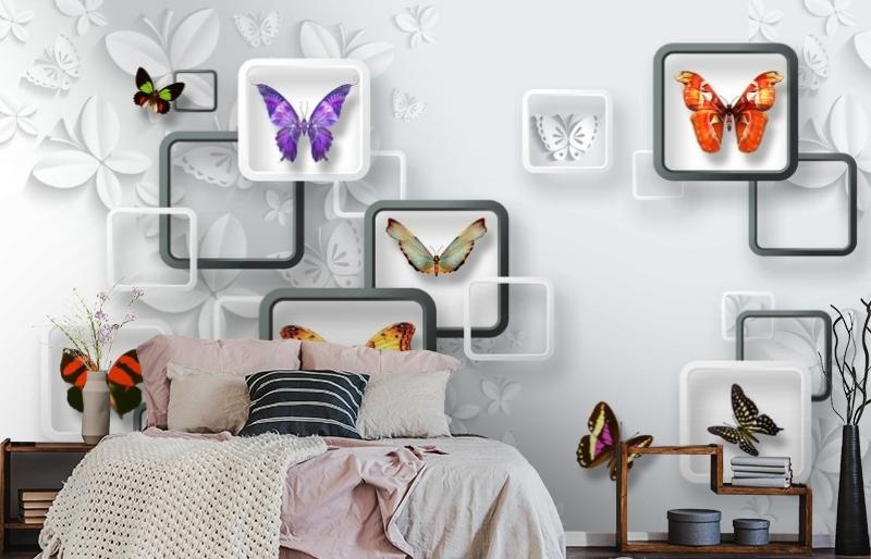 картинка 3D Фотообои «Яркие бабочки на объемном фоне» | интернет-магазин фотообоев ARTDECO