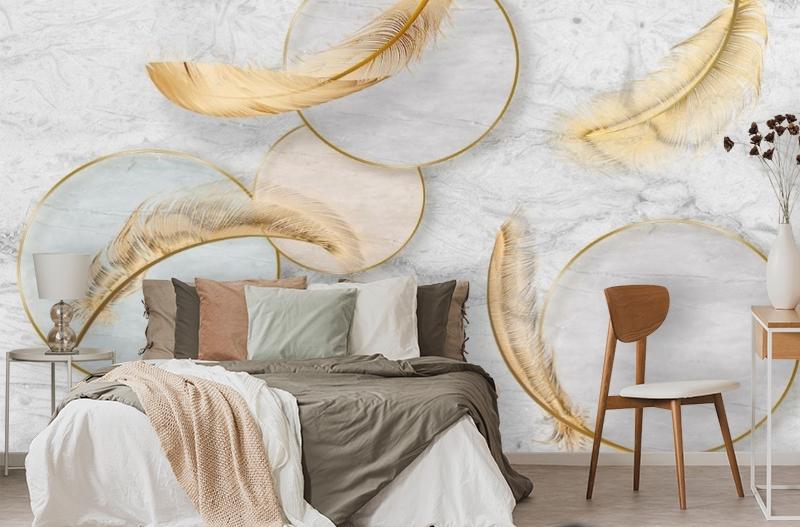 картинка 3D Фотообои «Золотые перья с кругами» | интернет-магазин фотообоев ARTDECO