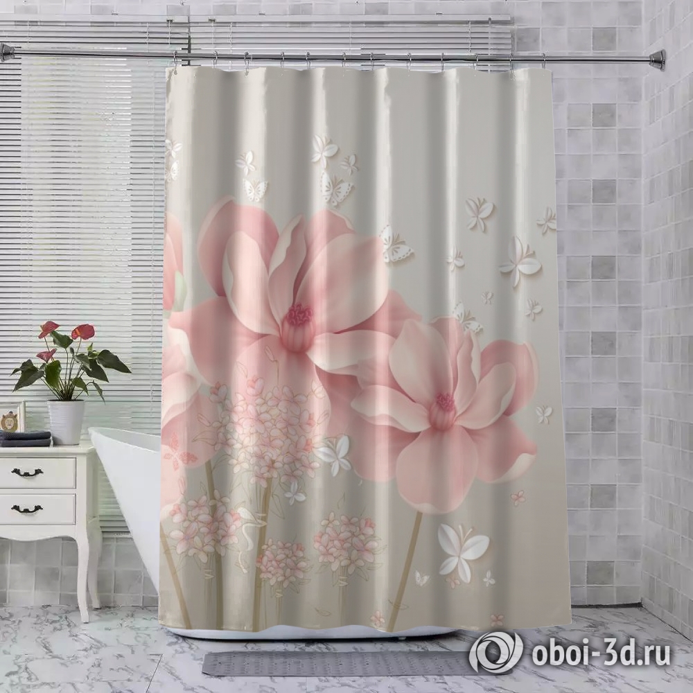 картинка Шторы для ванной «Нежные цветы с объемными бабочками» | интернет-магазин фотообоев ARTDECO