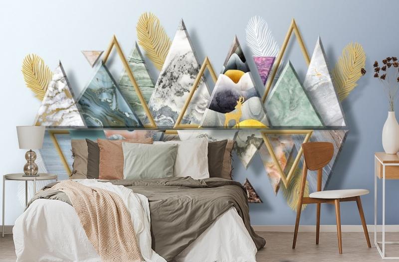картинка 3D Фотообои «Золотые перья с мраморными треугольниками» | интернет-магазин фотообоев ARTDECO