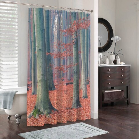 картинка 3D штора в ванную «Деревья в осеннем лесу» | интернет-магазин фотообоев ARTDECO