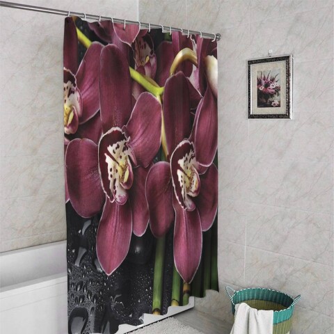 картинка 3D штора для ванны «Орхидеи и капли воды» | интернет-магазин фотообоев ARTDECO