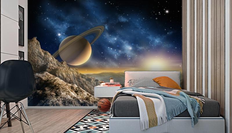 картинка 3D Фотообои «Огромный астероид с видом на сатурн» | интернет-магазин фотообоев ARTDECO