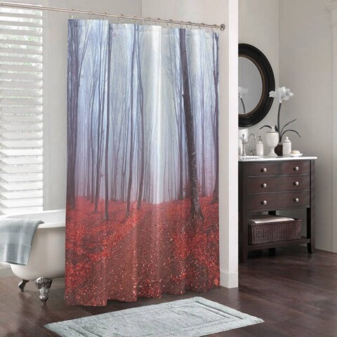 картинка 3D штора в ванную комнату «Осенний лес в тумане» | интернет-магазин фотообоев ARTDECO