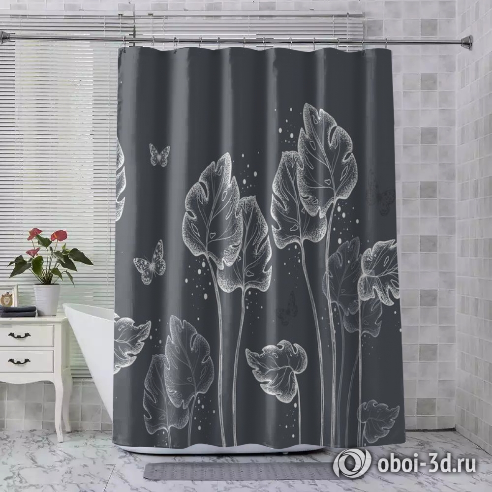 картинка Шторы для ванной «Бабочки в листьях на сером» | интернет-магазин фотообоев ARTDECO