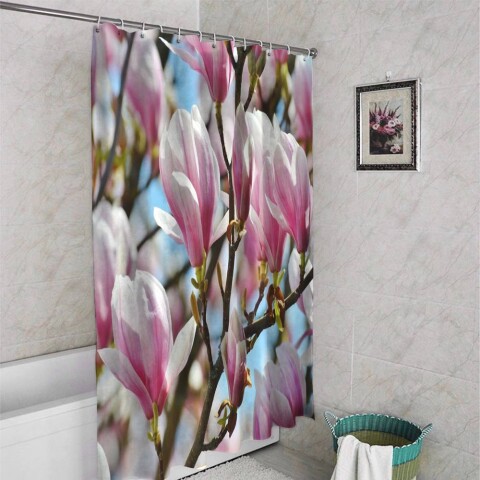 картинка 3D штора в ванную комнату «Ветви магнолии» | интернет-магазин фотообоев ARTDECO