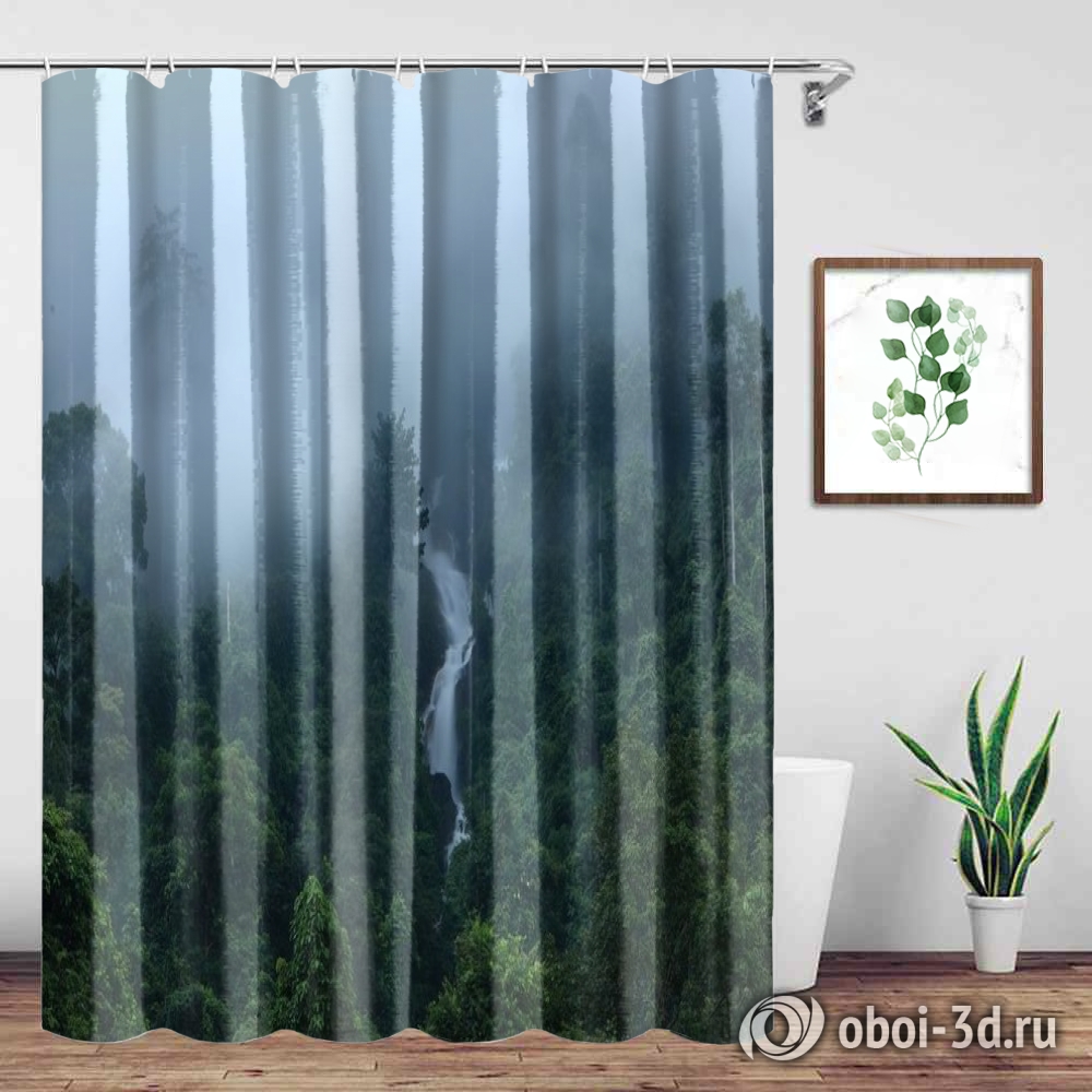 картинка Шторы для ванной «Водопад в туманном лесу» | интернет-магазин фотообоев ARTDECO