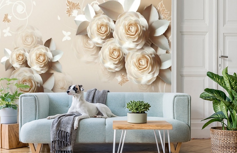 картинка 3D Фотообои «Кремовая композиция с розами» | интернет-магазин фотообоев ARTDECO