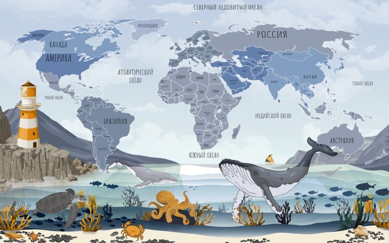 картинка Фотообои «Карта с морскими животными» | интернет-магазин фотообоев ARTDECO