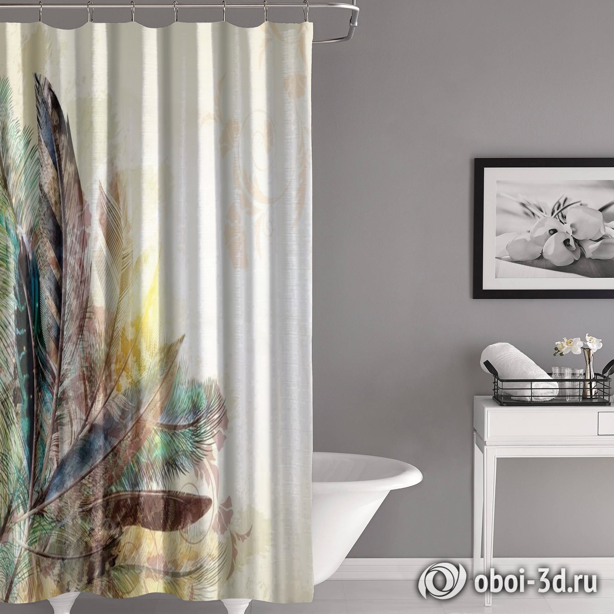 картинка Шторы для ванной «Букет из перьев с цветочным орнаментом» | интернет-магазин фотообоев ARTDECO
