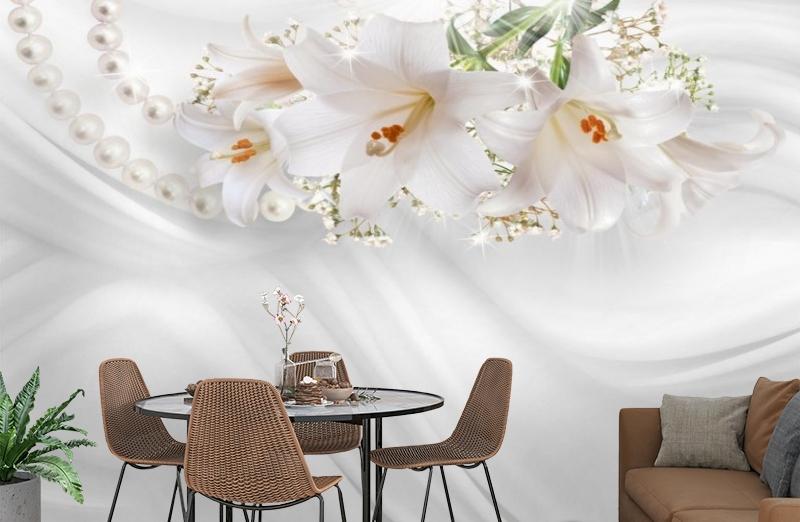 картинка 3D Фотообои «Лилии на нежном белом шелке» | интернет-магазин фотообоев ARTDECO