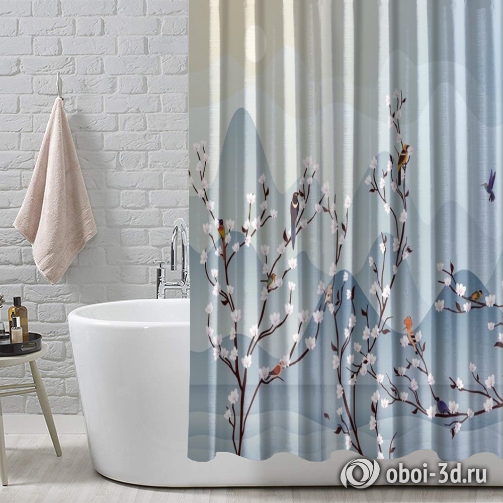 картинка Шторы для ванной «Птичья стайка на цветущих ветвях» | интернет-магазин фотообоев ARTDECO