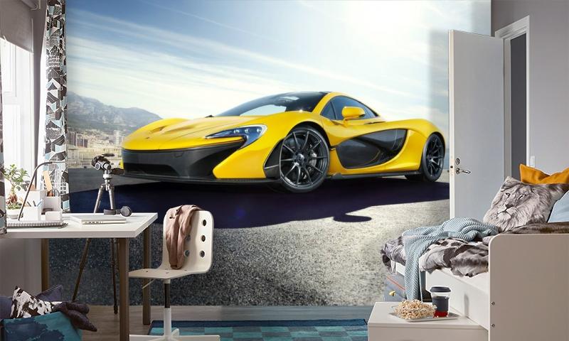 картинка 3D Фотообои «Желтый спортивный автомобиль в лучах солнца» | интернет-магазин фотообоев ARTDECO