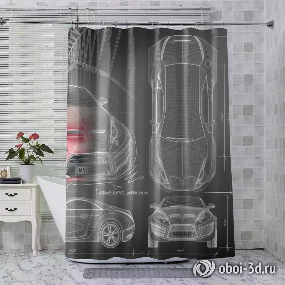 картинка Шторы для ванной «Красное авто схема» | интернет-магазин фотообоев ARTDECO