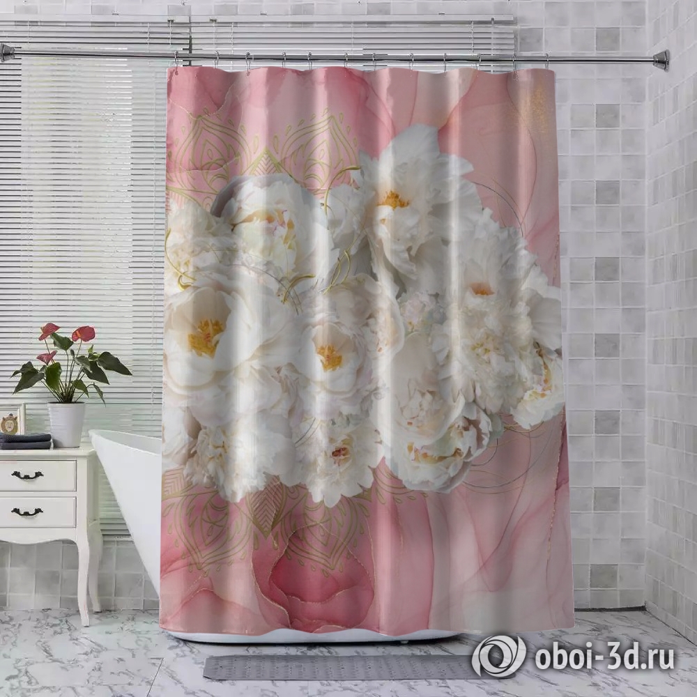 картинка Шторы для ванной «Роскошные пионы на розовом мраморе» | интернет-магазин фотообоев ARTDECO