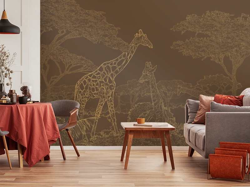 картинка 3D Фотообои «Золотые жирафы в листве на коричневом» | интернет-магазин фотообоев ARTDECO