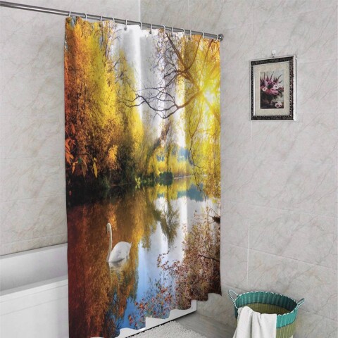 картинка 3D штора в ванную комнату «Лебедь в осеннем озере» | интернет-магазин фотообоев ARTDECO