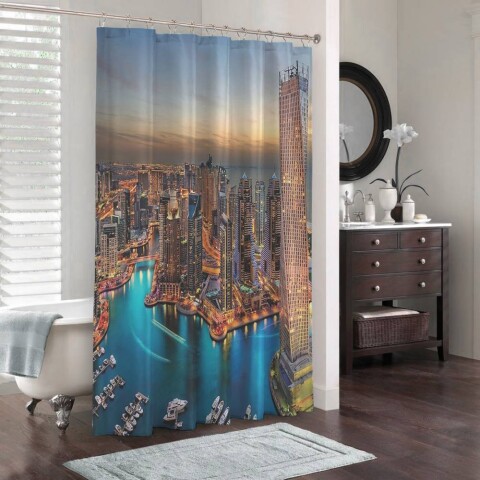 картинка 3D штора для ванной «Ночной Дубай» | интернет-магазин фотообоев ARTDECO