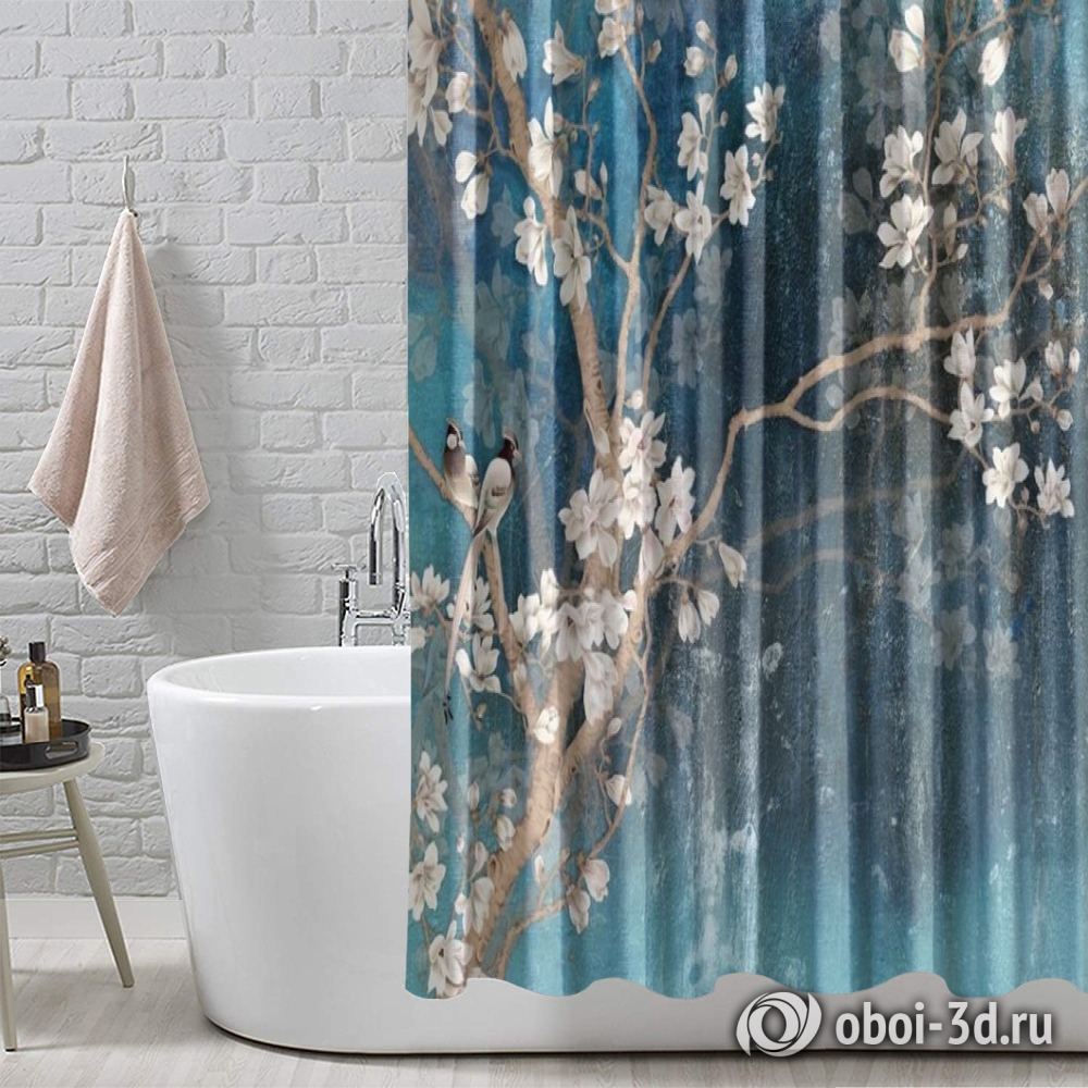 картинка Шторы для ванной «Птицы в цветущей магнолии» | интернет-магазин фотообоев ARTDECO