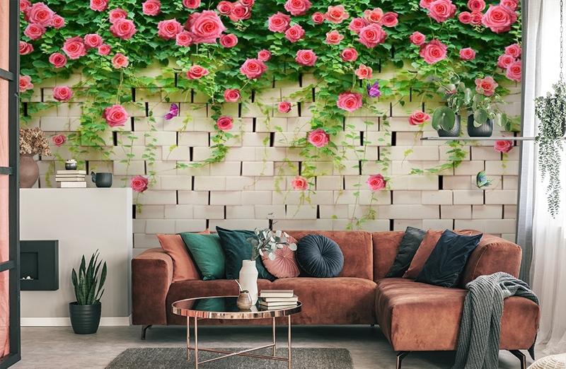 картинка 3D Фотообои «Кирпичная стена с цветами» | интернет-магазин фотообоев ARTDECO