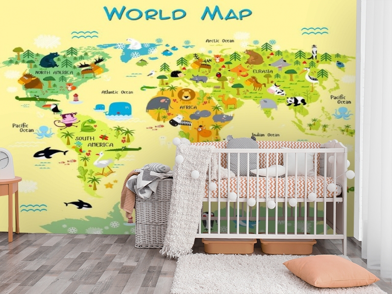 картинка 3D Фотообои «Детская карта мира на желтом фоне» | интернет-магазин фотообоев ARTDECO