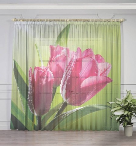 картинка Оконный 3D тюль "Тюльпаны на зеленом фоне" | интернет-магазин фотообоев ARTDECO