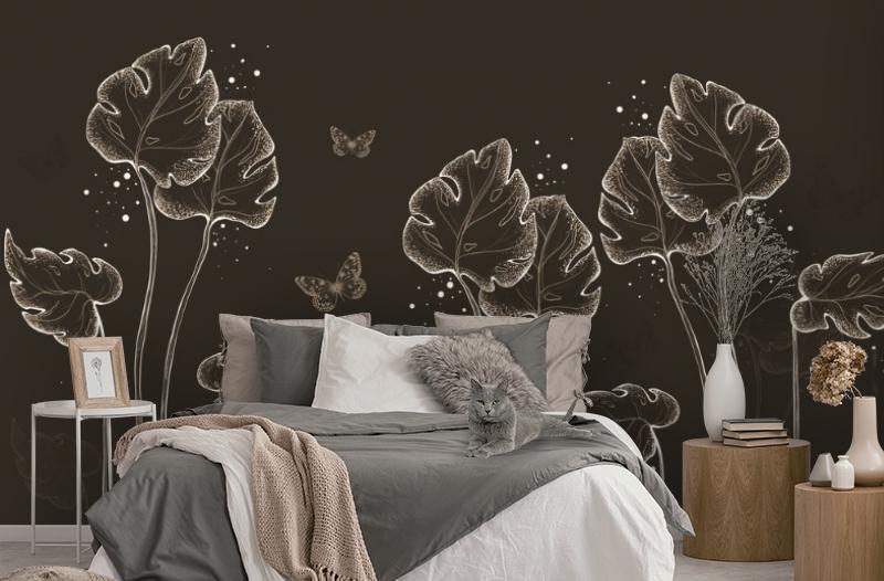 картинка 3D Фотообои «Бабочки в листьях. Тёплая ночь» | интернет-магазин фотообоев ARTDECO