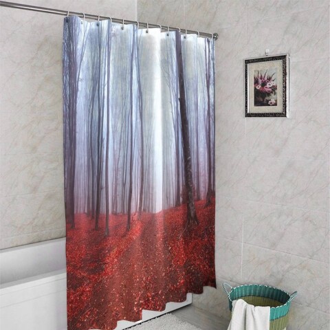 картинка 3D штора в ванную комнату «Осенний лес в тумане» | интернет-магазин фотообоев ARTDECO