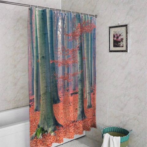 картинка 3D штора в ванную «Деревья в осеннем лесу» | интернет-магазин фотообоев ARTDECO