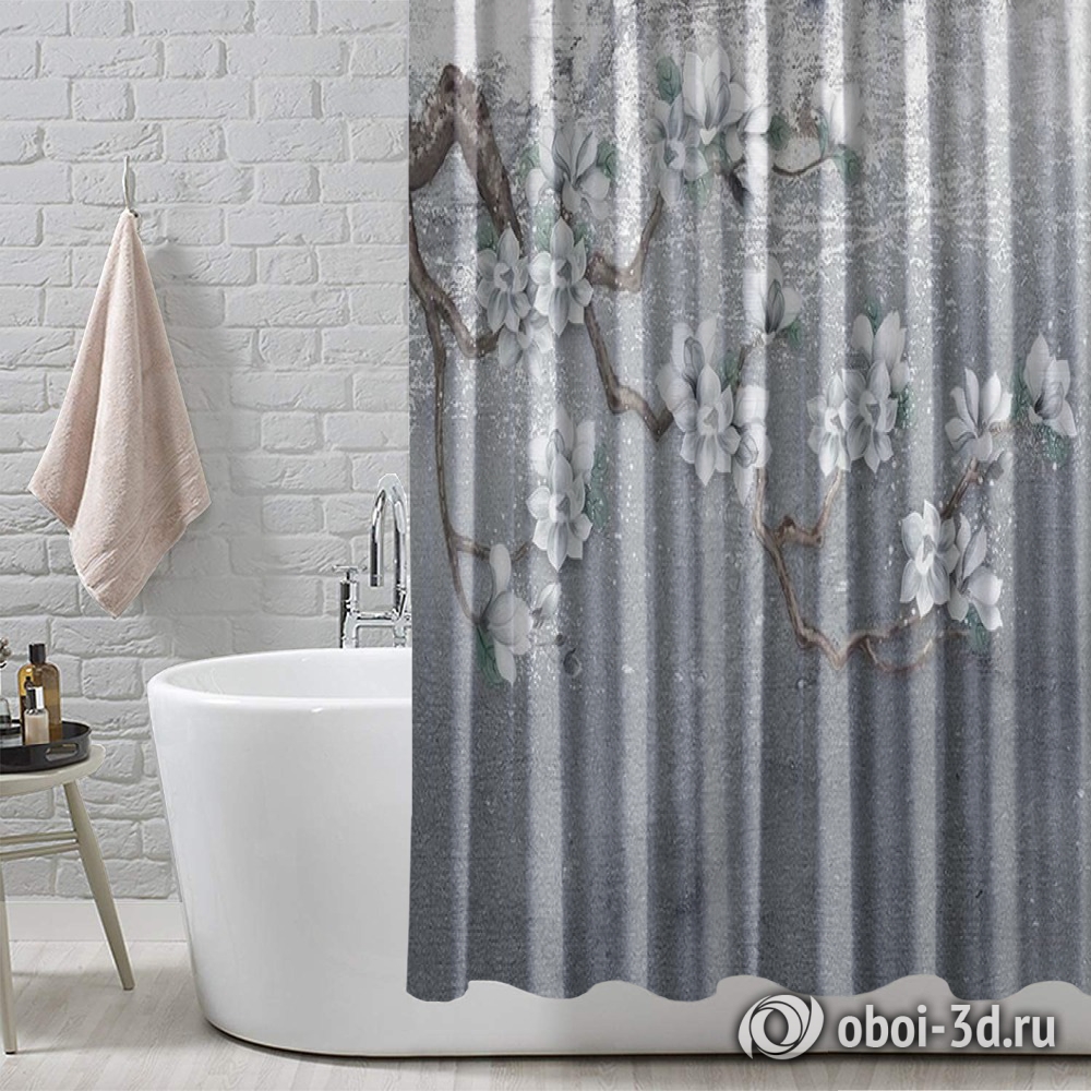 картинка Шторы для ванной «Белая магнолия на серебристом фоне» | интернет-магазин фотообоев ARTDECO