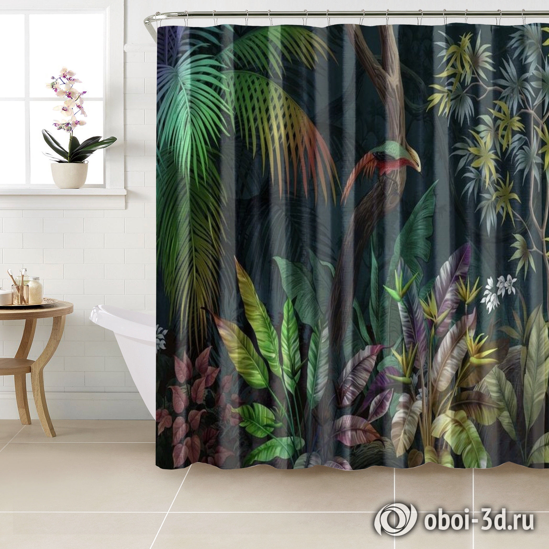 картинка Шторы для ванной «Птица в ярких тропиках » | интернет-магазин фотообоев ARTDECO