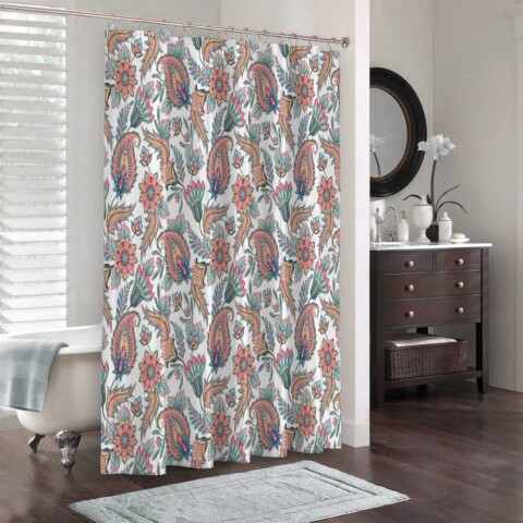 картинка 3D штора в ванную комнату «Цветы с орнаментом» | интернет-магазин фотообоев ARTDECO