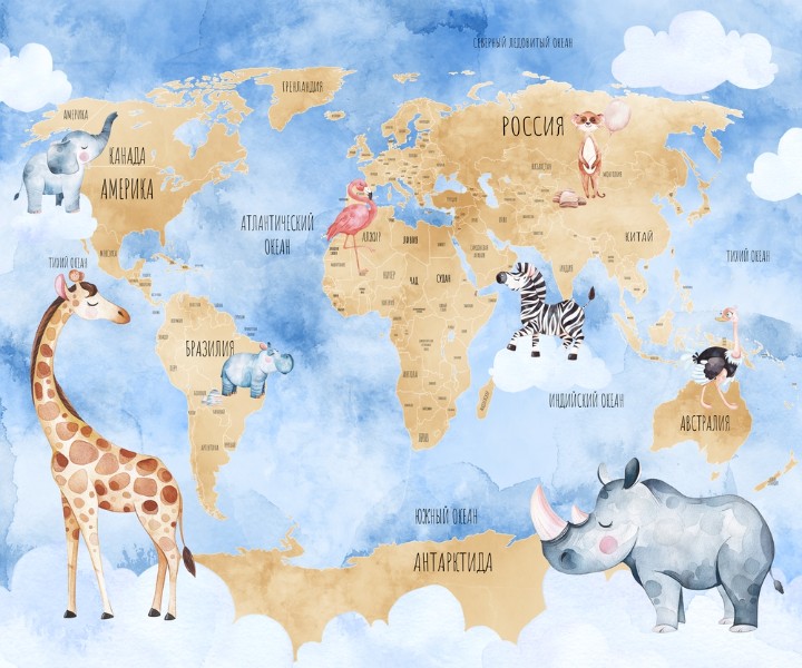 картинка Фотообои «Бежевая карта с животными на голубом» | интернет-магазин фотообоев ARTDECO